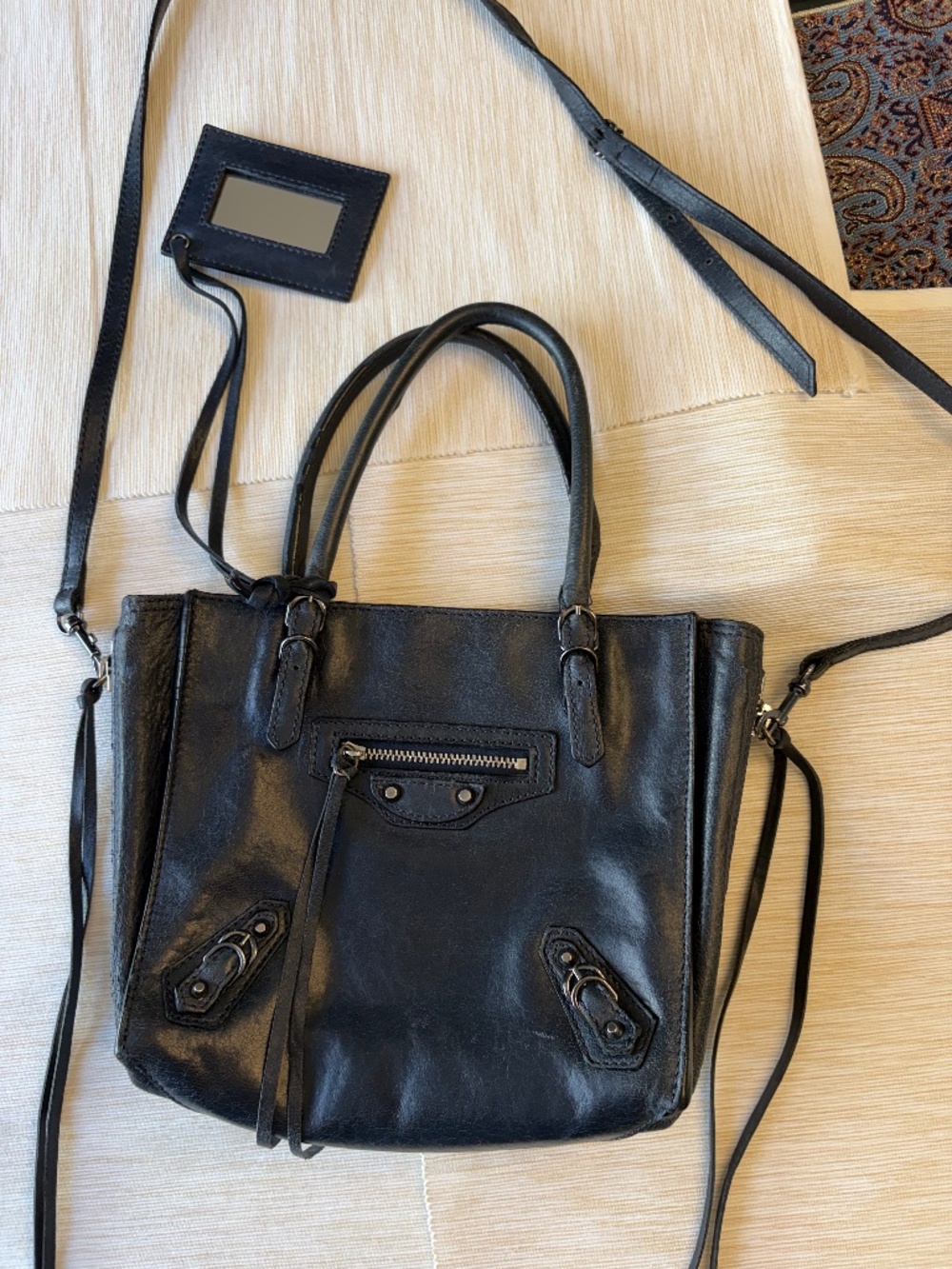 Balenciaga small Papier bag/satchel, with mirror, dark blue, 8 x 9 x 4 in